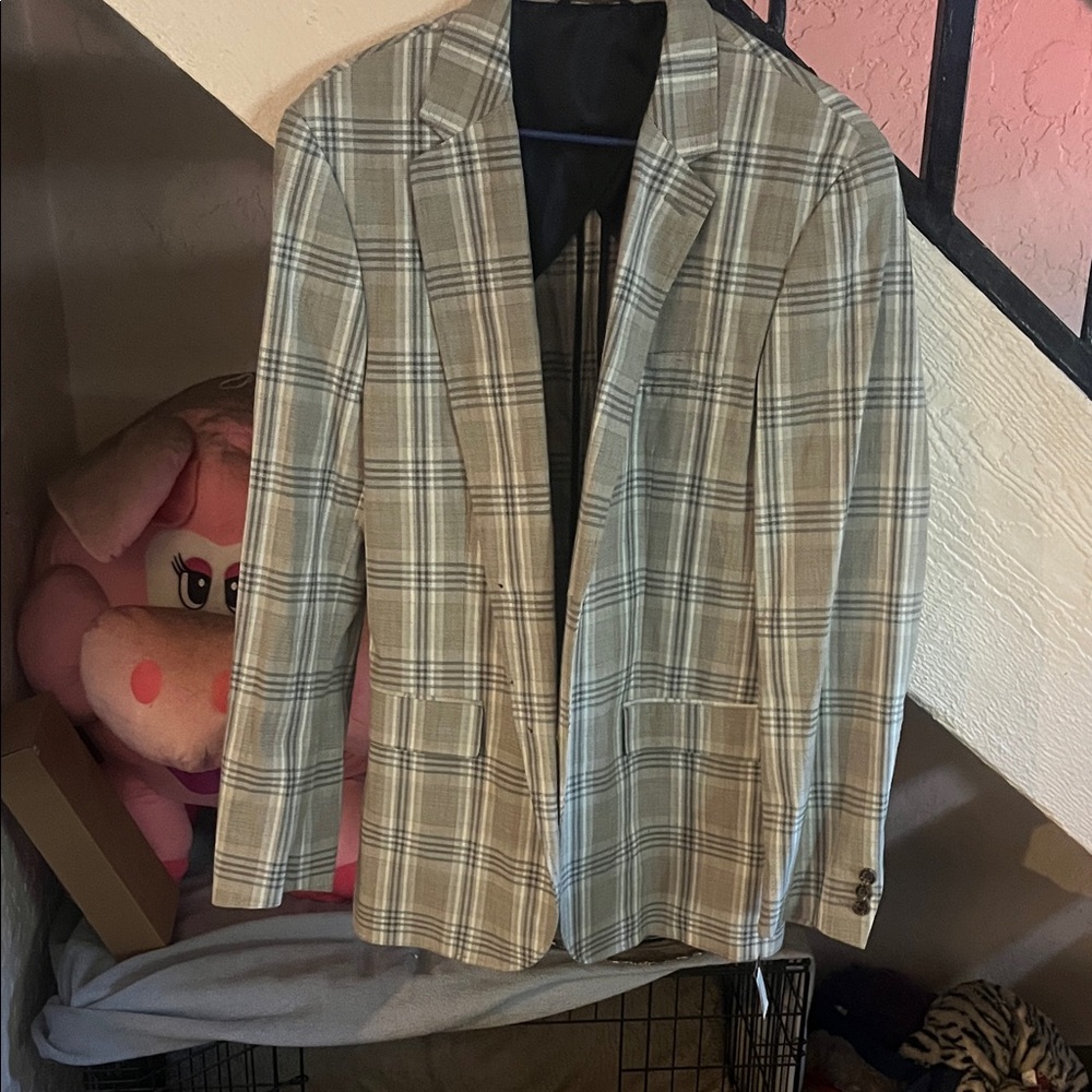 Tasso Elba Men's Plaid Blazer - Cream and Gray